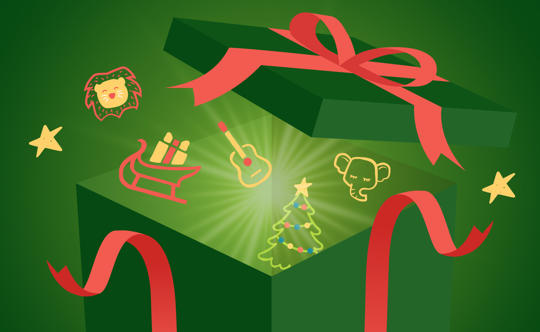 A green box with red ribbons has zoo and Christmas graphics floating out.