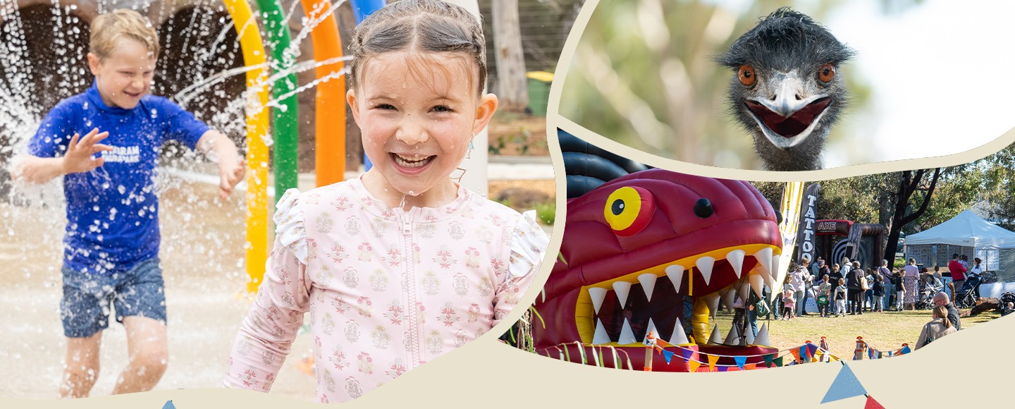 Collage of: two young guests in the splash park, close-up of an Emu facing the camera, a bouncy castle at Wild Weekender.