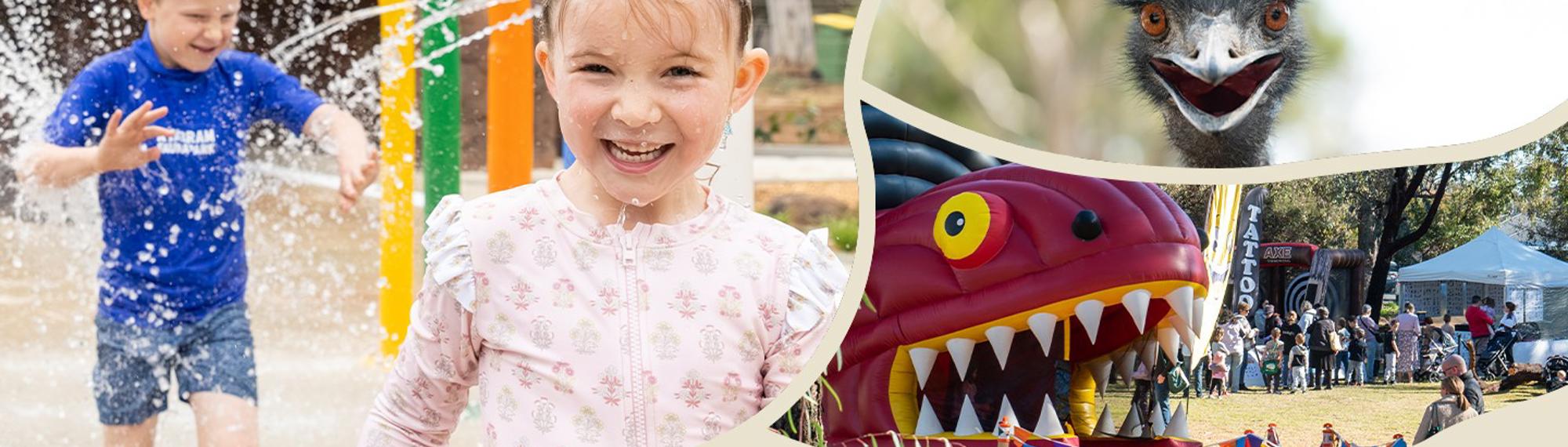 Collage of: two young guests in the splash park, close-up of an Emu facing the camera, a bouncy castle at Wild Weekender.