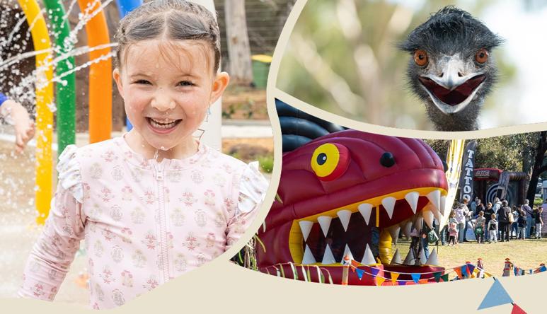Collage of: two young guests in the splash park, close-up of an Emu facing the camera, a bouncy castle at Wild Weekender.