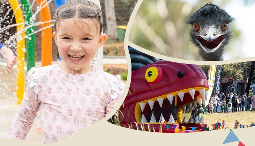 Collage of: two young guests in the splash park, close-up of an Emu facing the camera, a bouncy castle at Wild Weekender.