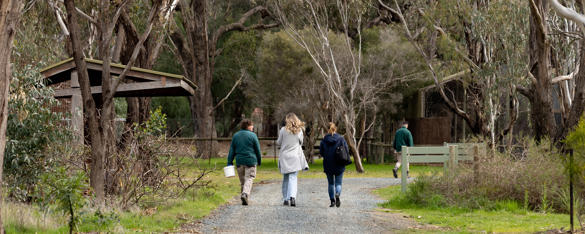 A rear view of two Park staff in green jumpers and khaki pants, walking down a tree-lined path alongside two other people in plain clothes.