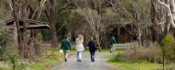 A rear view of two Park staff in green jumpers and khaki pants, walking down a tree-lined path alongside two other people in plain clothes.