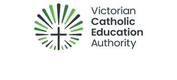 A graphic of a dark green cross with three separate shades of green rays surrounding it, with the words Victorian Catholic Education Authority written on the right