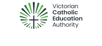 A graphic of a dark green cross with three separate shades of green rays surrounding it, with the words "Victorian Catholic Education Authority" written on the right.