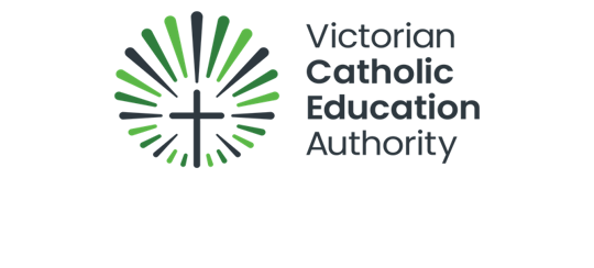 A graphic of a dark green cross with three separate shades of green rays surrounding it, with the words "Victorian Catholic Education Authority" written on the right