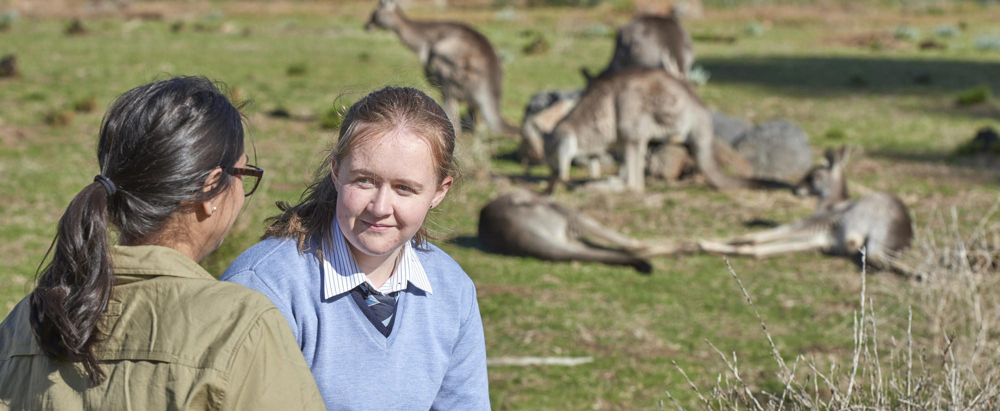 A student in light blue school uniform has her back to a pack of kangaroos in a field as she talks with someone in a khaki uniform