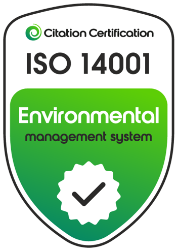 "Citation Certification, ISO one four zero zero one, Environmental Management System" - green and white shield of approval.
