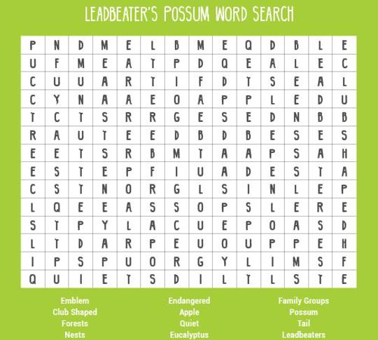 Leadbeater's Possum word search.