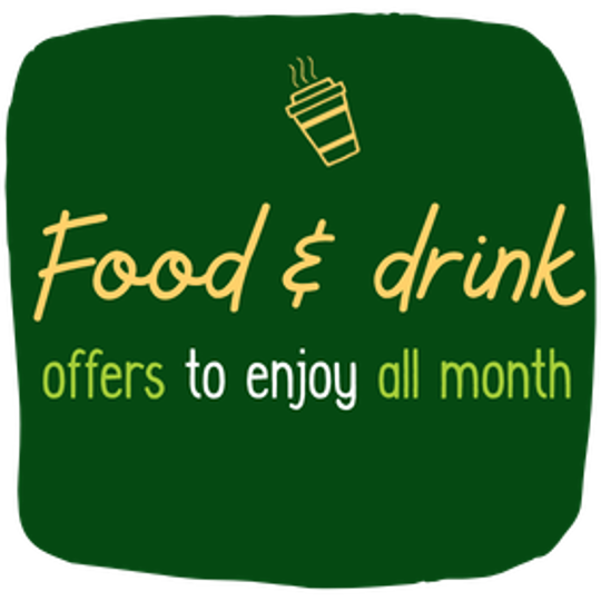 "Food and drink offers to enjoy all month" - this text is on a deep green background.