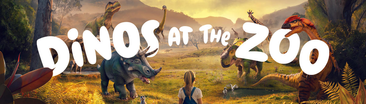 "Dinos At The Zoo" - Composition of a Meerkat, Triceratops, two Elephants, Safari bus, Tyrannosaurus Rex, two Ibises, Pachyrhinosaurus, three Giraffes, Lion and Deinonychus in a dusk setting, with a young guest facing and standing before them all.