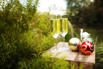 Close-up of two champagne flute-glasses and three metallic Christmas baubles on a small bench, in front of a pond with a swan facing left...