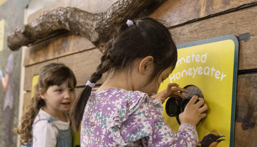 Two young guests at the Helmeted Honey-eater binoculars of Keeper Kids, both looking right.
