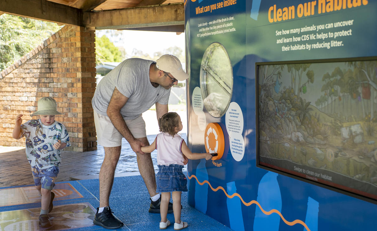 Image of signage, games and visitors interacting with activities