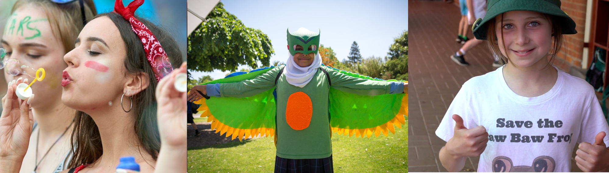 Collage of three images: left, two women blowing bubbles; centre, a student dressed as a green owl; right, a student wearing a t-shirt that says "Save the Baw Baw Frog" with her two thumbs up.