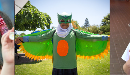 Collage of three images: left, two women blowing bubbles; centre, a student dressed as a green owl; right, a student wearing a t-shirt that says "Save the Baw Baw Frog" with her two thumbs up.