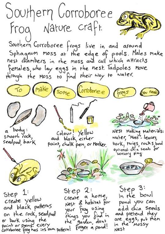 "Southern Corroboree Frog nature craft" - illustrated instructions on how to craft a Frog, eggs and habitat.