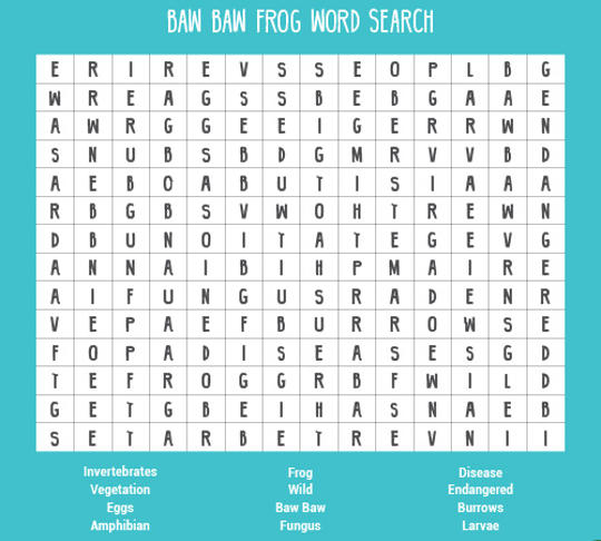 Word search for Baw Baw Frog