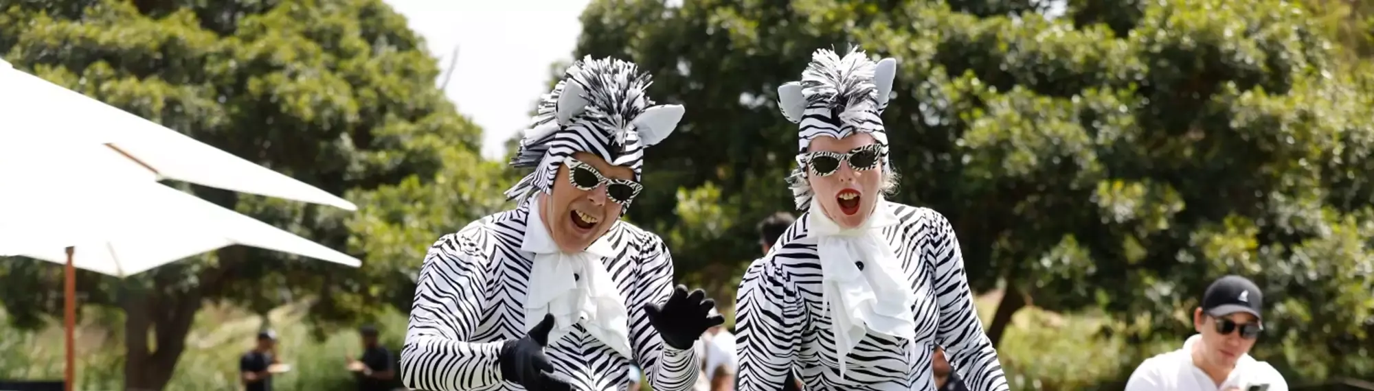 Two people dressed in zebra costumes making funny faces at the camera.