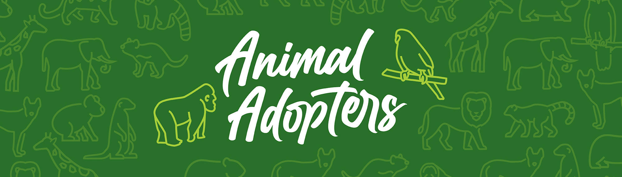 "Animal Adopters" - Adopt an animal, from one of forty-five on a green background, two of them highlighted in chartreuse green.