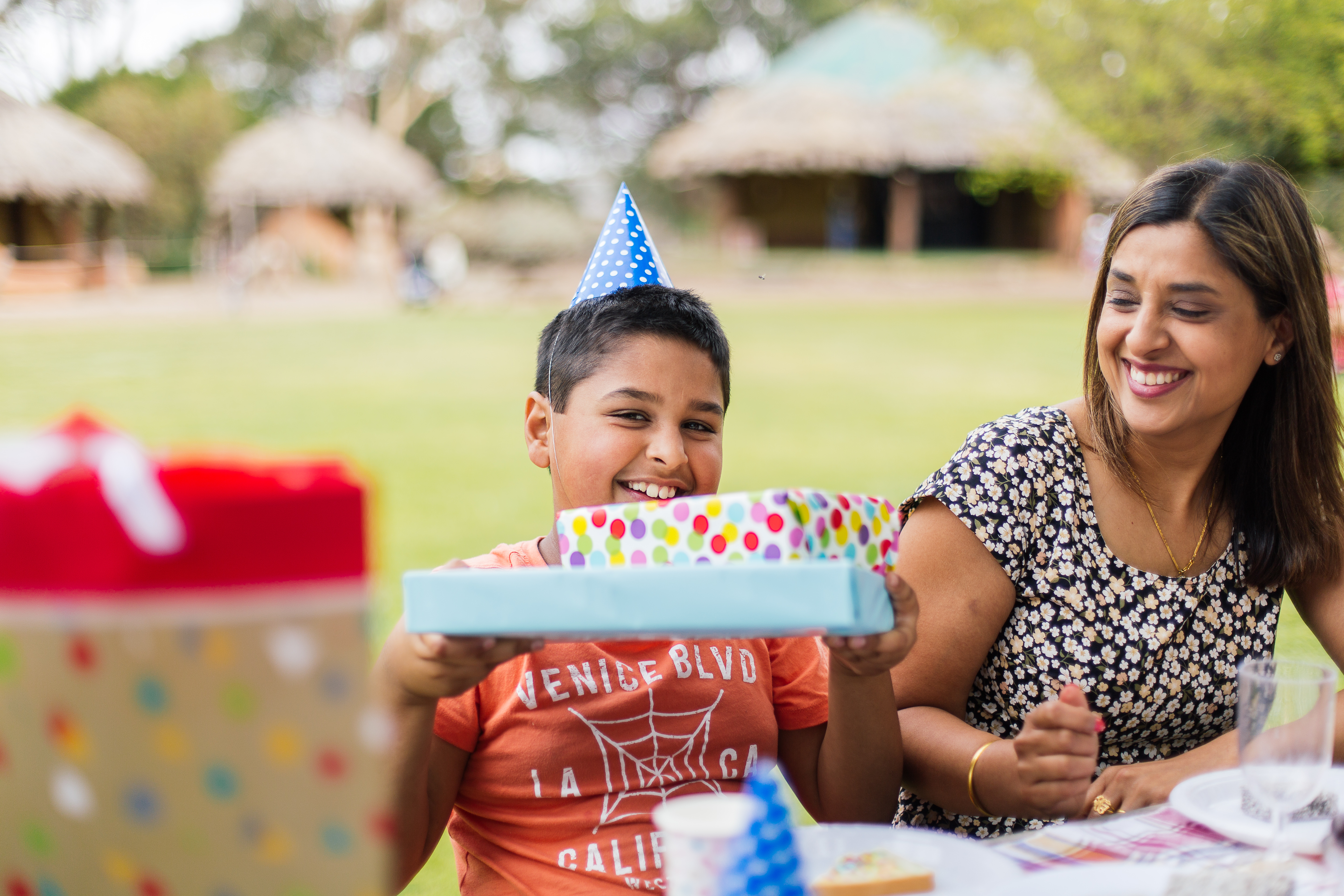 Families with kids enjoying a birthday party celebration picnic at a table on the Village Lawn.