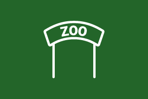 White line art of a Zoo sign, on a deep green background.