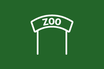 White line art of a Zoo sign, on a deep green background.