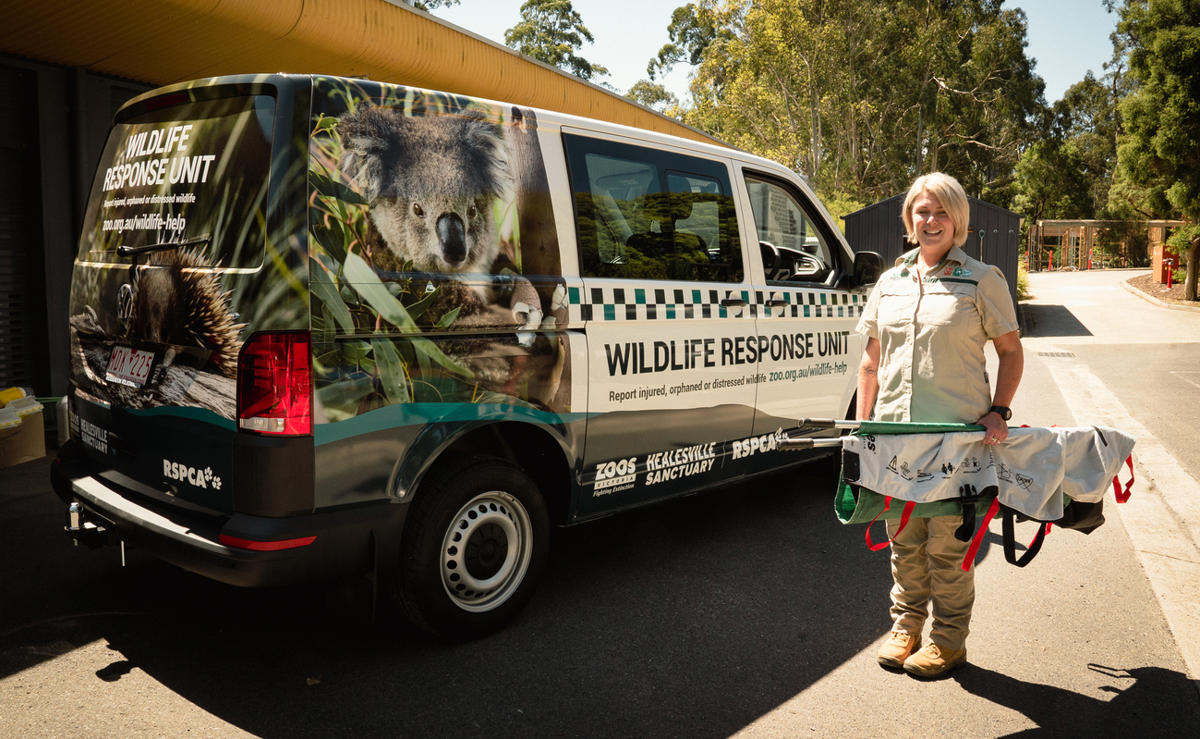 A keeper standing in front of the Wildlife Response Unit van